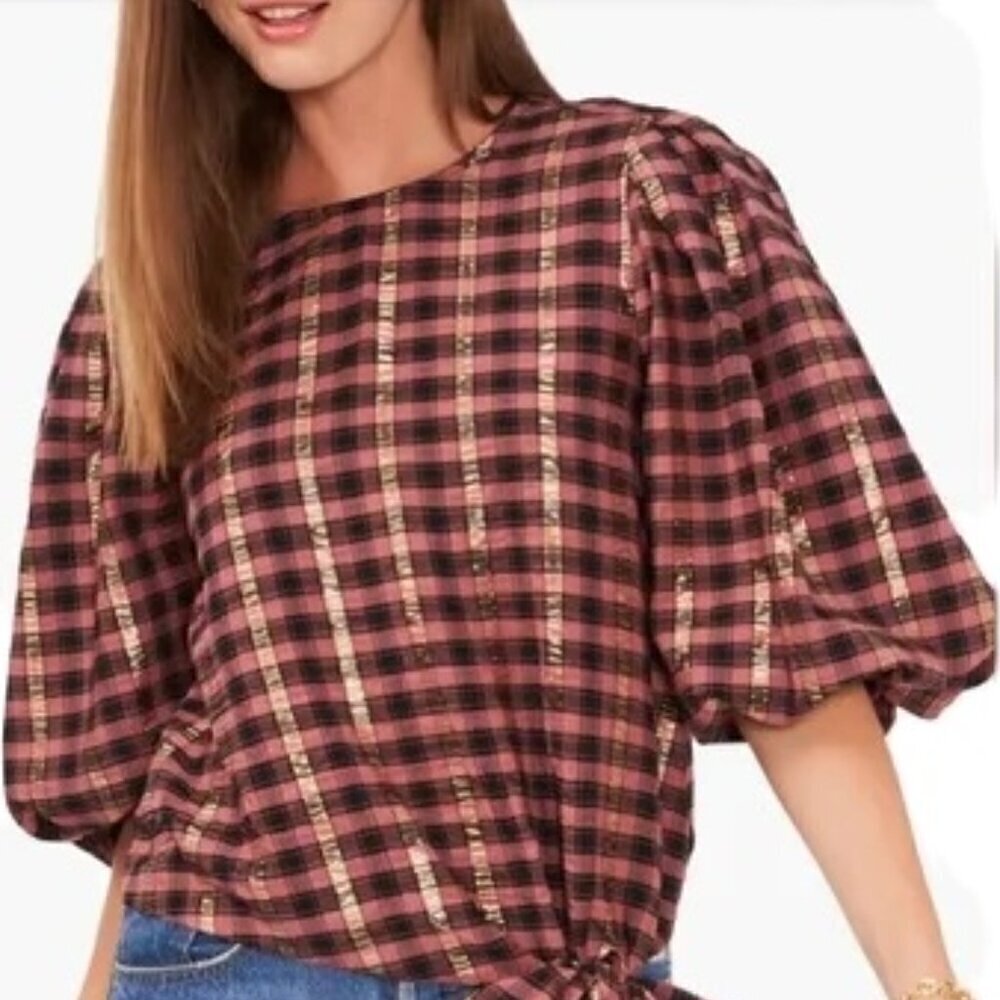 Vince Camuto Desert Summer Metallic Plaid Top 3X NWT